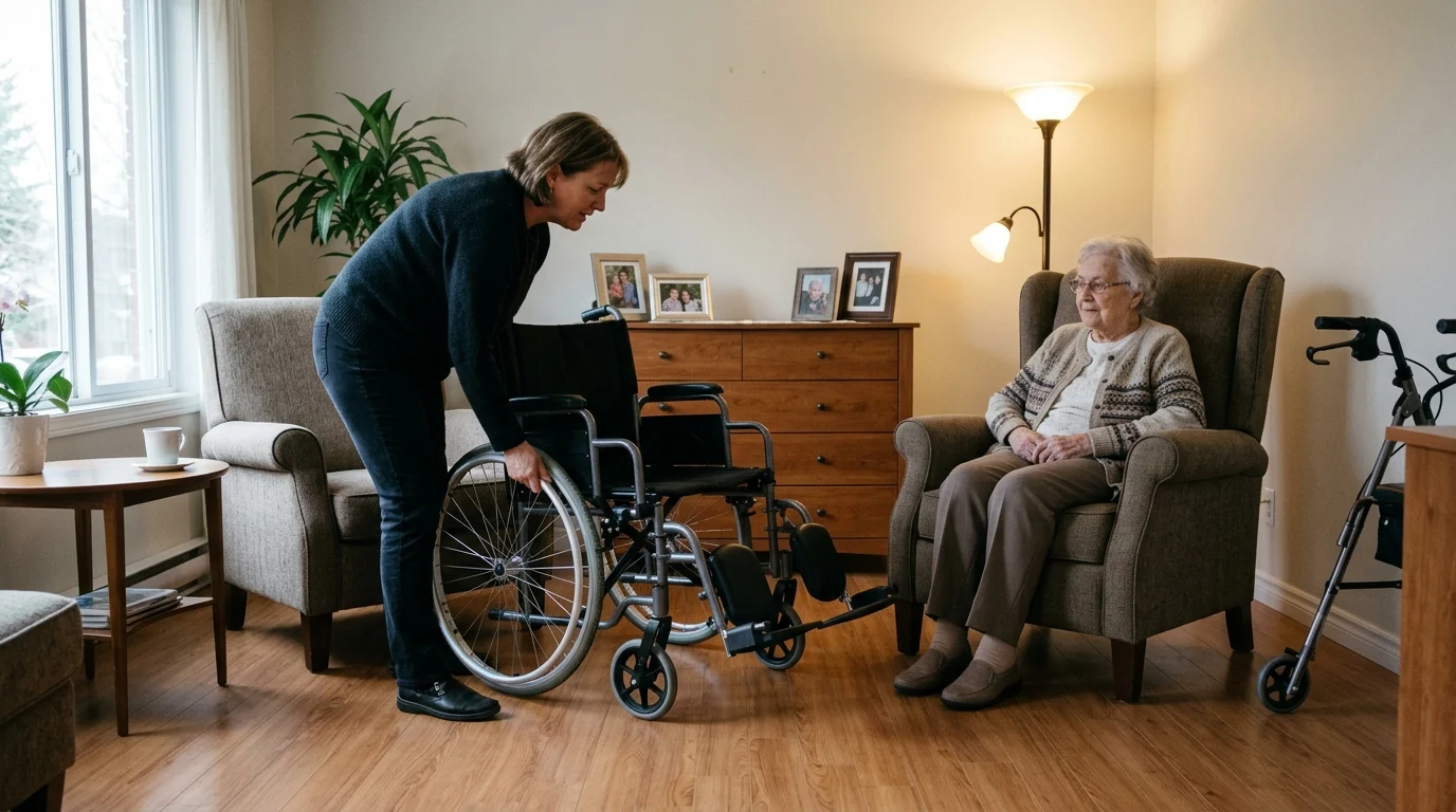 Préparatifs pour aider transfert personne mobilité réduite à domicile.