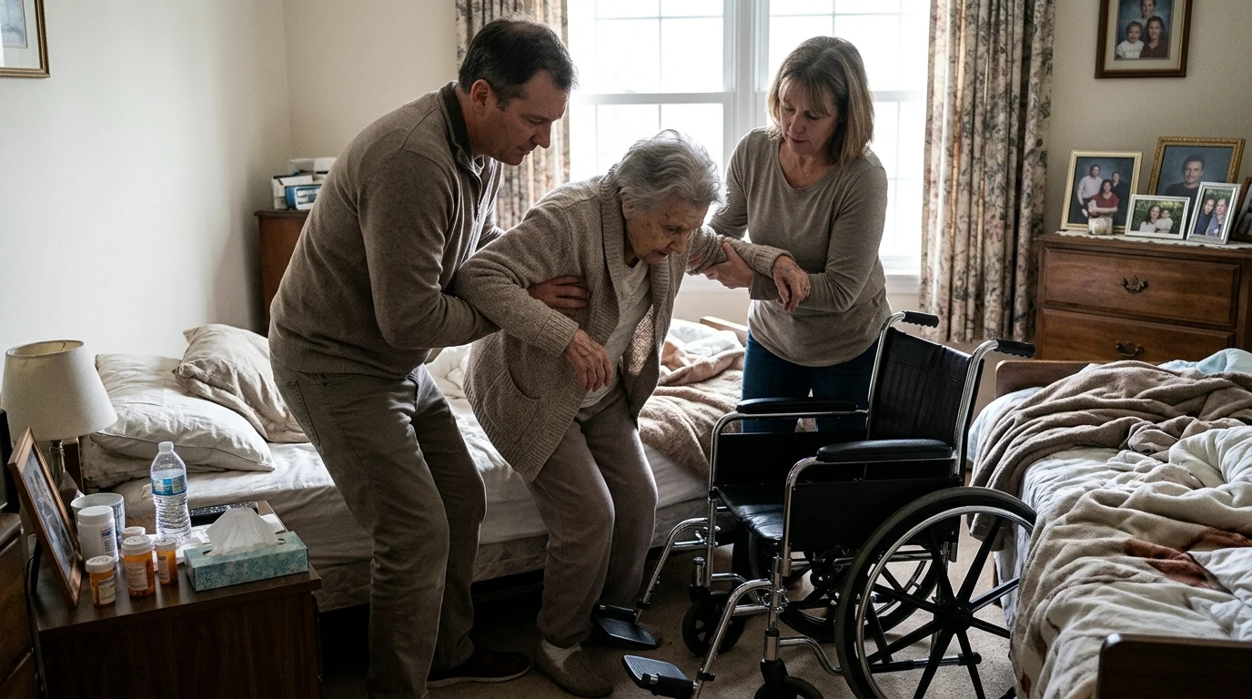 Authentic real photograph of real people helping a person à mobilité réduite with a transfer at home, illustrating the article about aider transfert personne mobilité réduite.