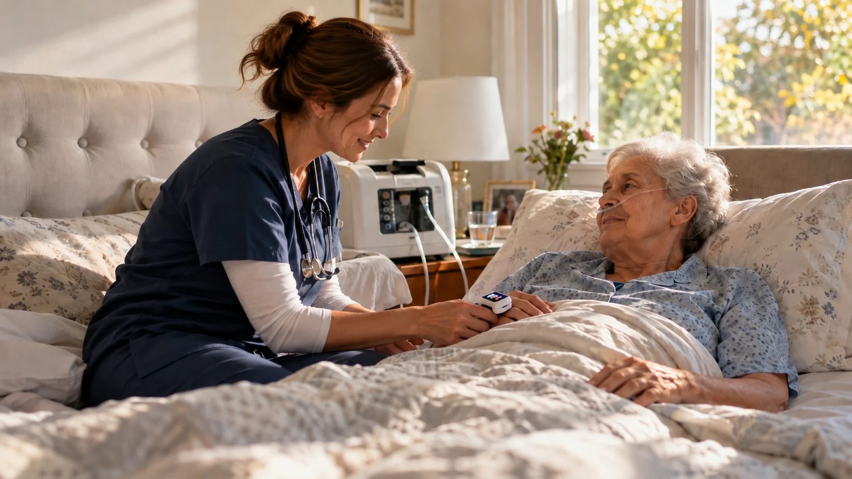 Un soignant vérifiant les signes vitaux d'un patient présentant des symptômes de faible taux d'oxygène. — augmenter taux oxygène sang à la maison