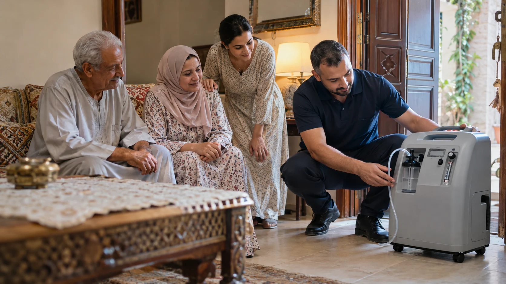 Un représentant de SOS Santé Maroc livrant du matériel médical à une famille pour augmenter le taux d'oxygène à domicile. — augmenter taux oxygène sang à la maison
