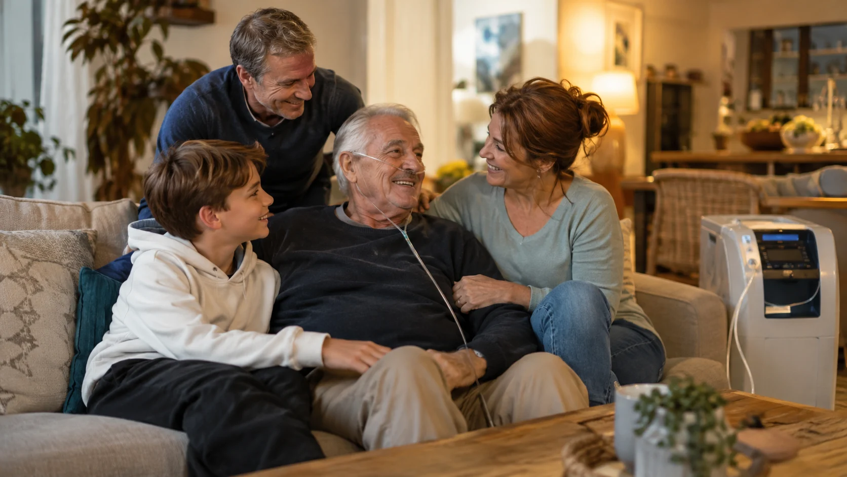 Une famille heureuse et rassurée après avoir eu accès à des services de santé pour augmenter l'oxygène à la maison. — augmenter taux oxygène sang à la maison