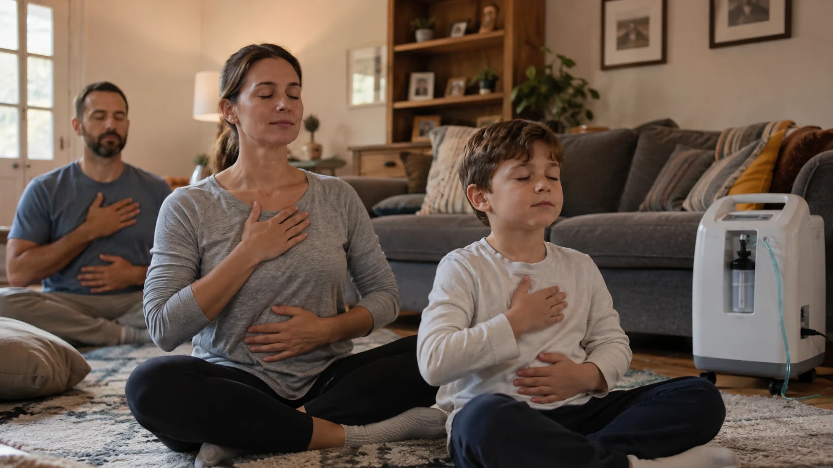 Authentic real photograph of a family in a cozy living room setting, practicing breathing exercises to augmenter le taux oxygène sang à la maison, with a concentrateur d'oxygène visible in the background. — augmenter taux oxygène sang à la maison
