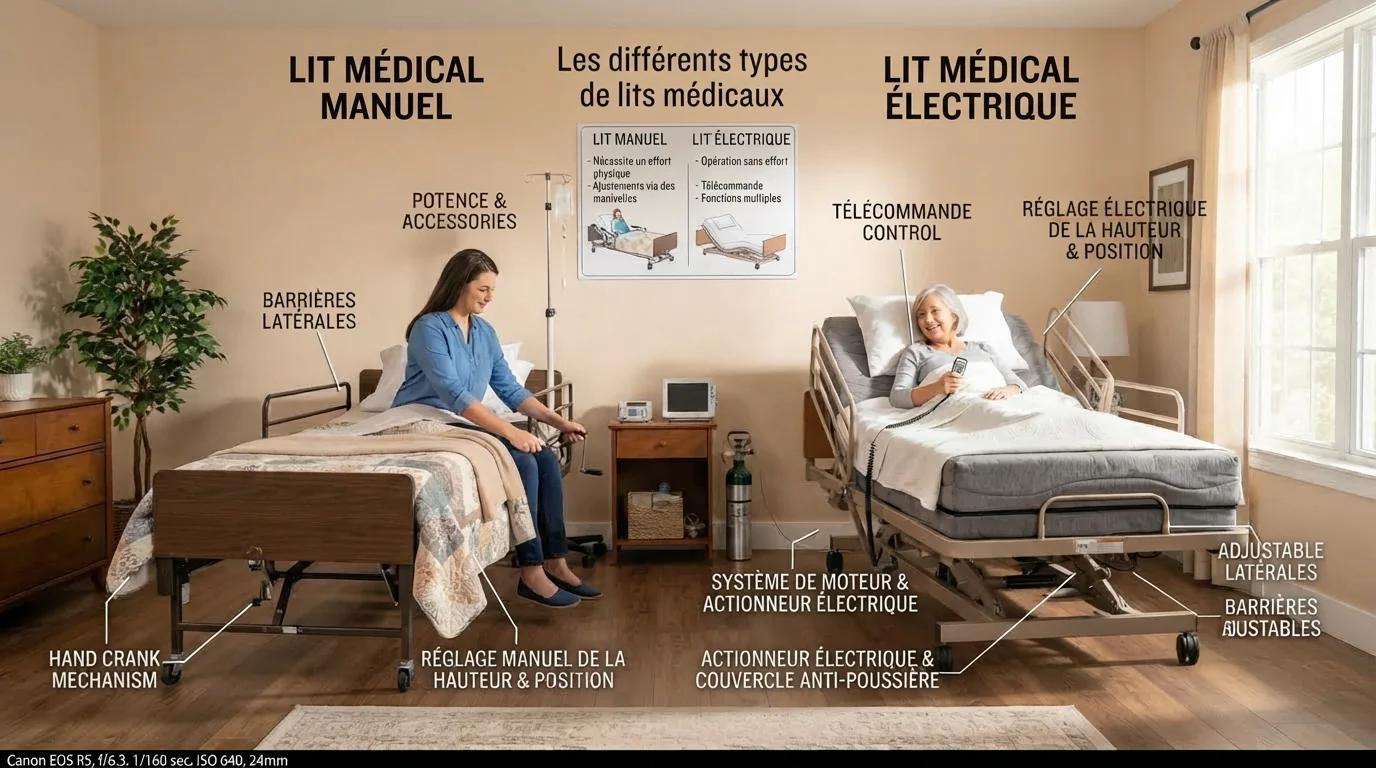 Types de lit médicalisé montrant un lit électrique et un lit manuel. — budget lit médicalisé domicile