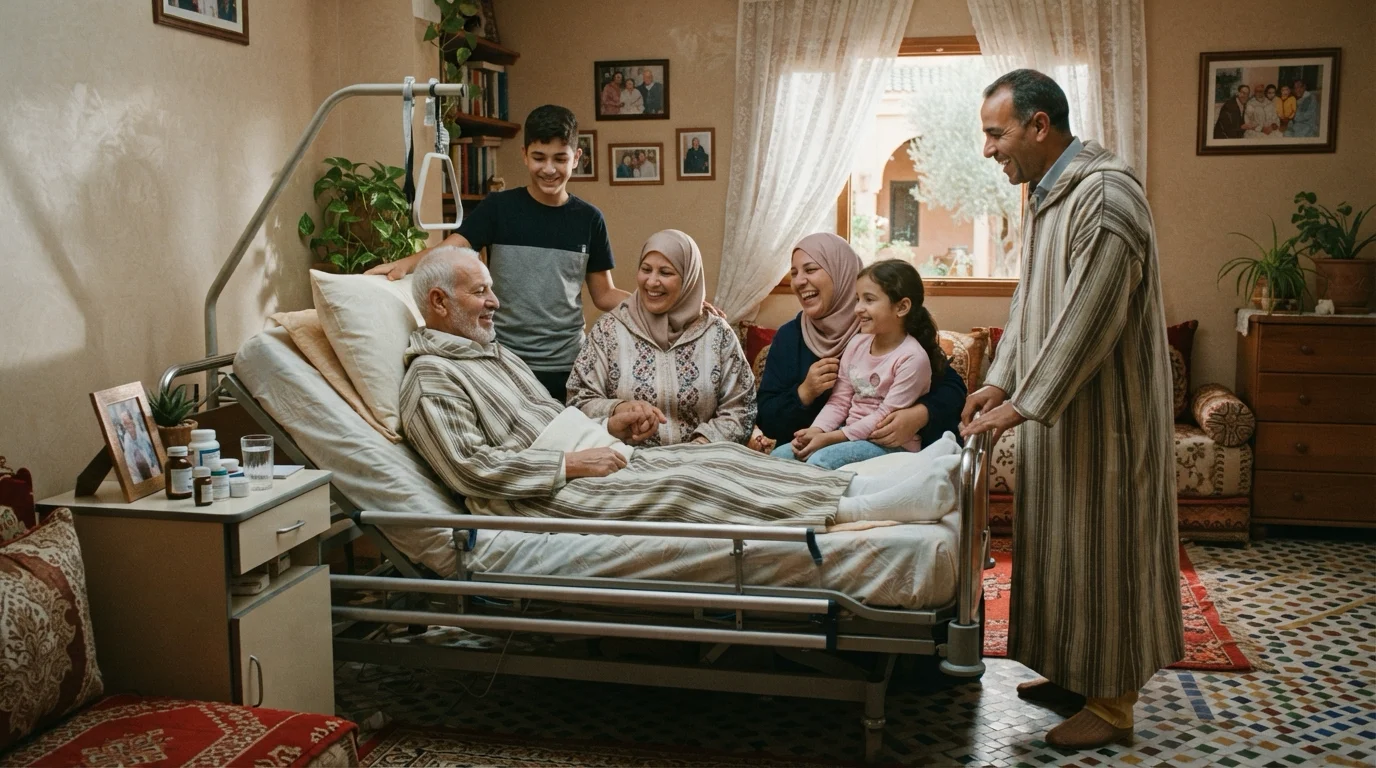 Budget lit médicalisé domicile. Un homme âgé est confortablement installé dans un lit médicalisé à domicile, entouré de sa famille, dans un salon chaleureux au Maroc.