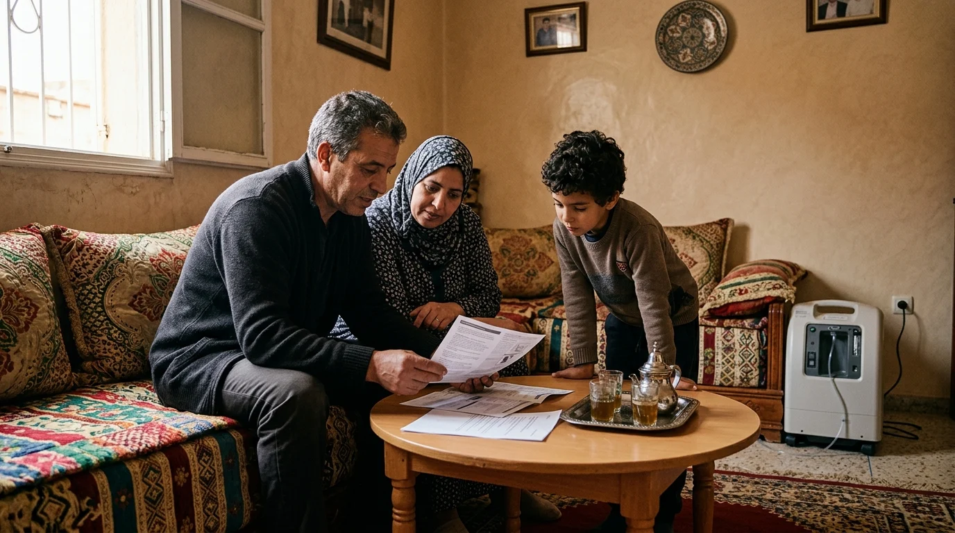 Une famille marocaine choisissant un concentrateur d'oxygène à domicile, mettant en avant l'importance de l'assistance et de la coordination dans le choix de matériel médical, représentant le thème 'comment choisir un concentrateur d'oxygène'.