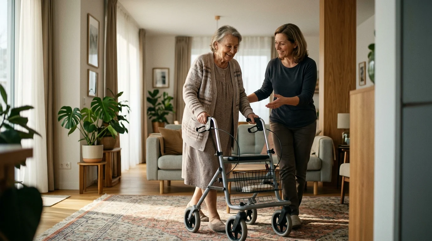 Un homme senior utilisant un déambulateur à domicile, avec une femme à ses côtés l'aidant dans un salon lumineux. Déambulateur à domicile.
