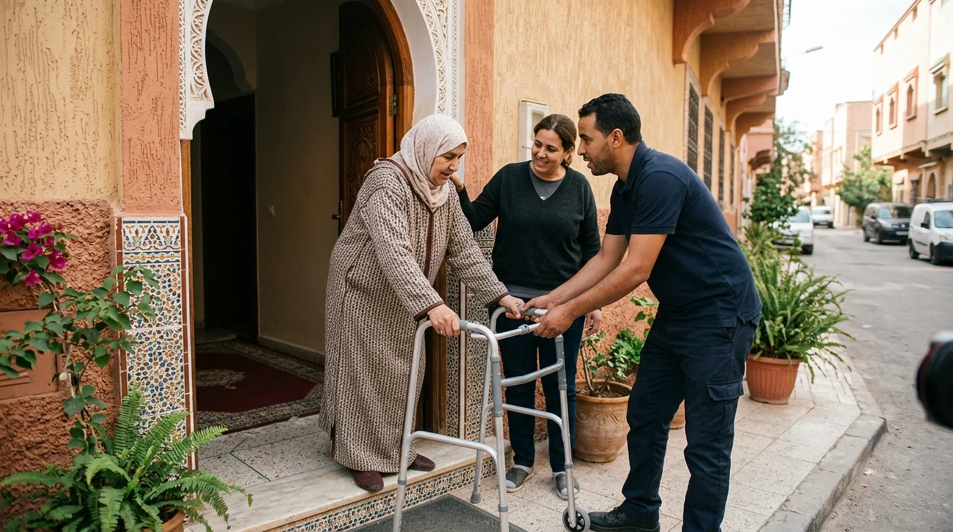 Un livreur de matériel médical en train de livrer un déambulateur à domicile.