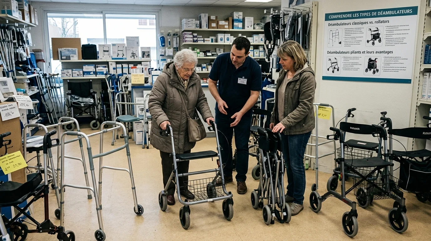 Différents types de déambulateurs exposés dans un magasin de matériel médical. — déambulateur à domicile