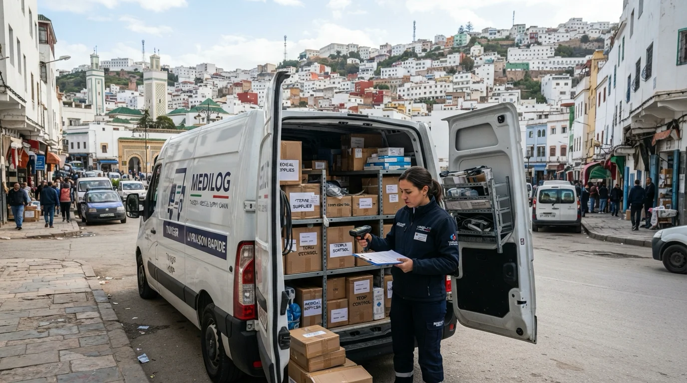 Délai livraison matériel médical Tanger avec un livreur en train de préparer une livraison.