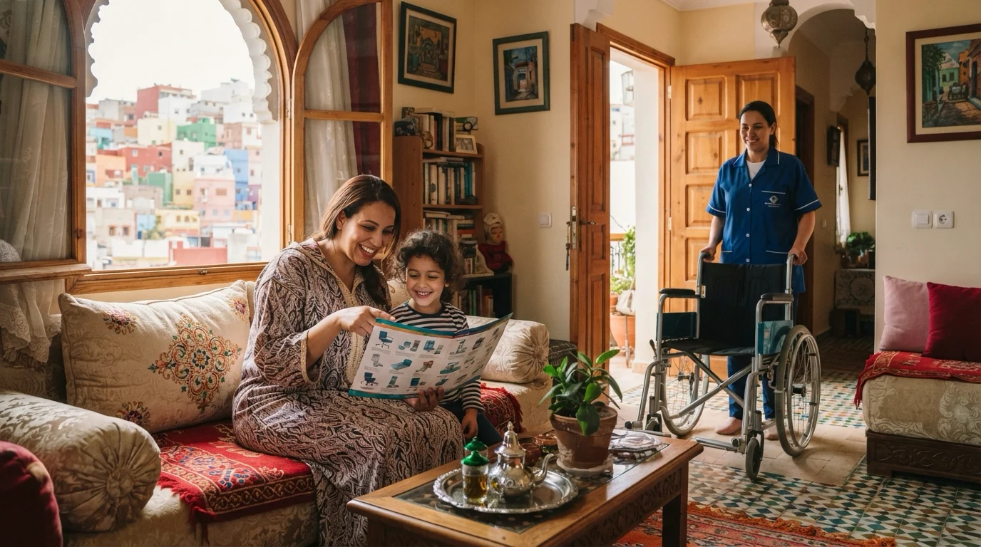 Délai livraison matériel médical Tanger : une famille se préparant à recevoir un équipement médical à domicile.