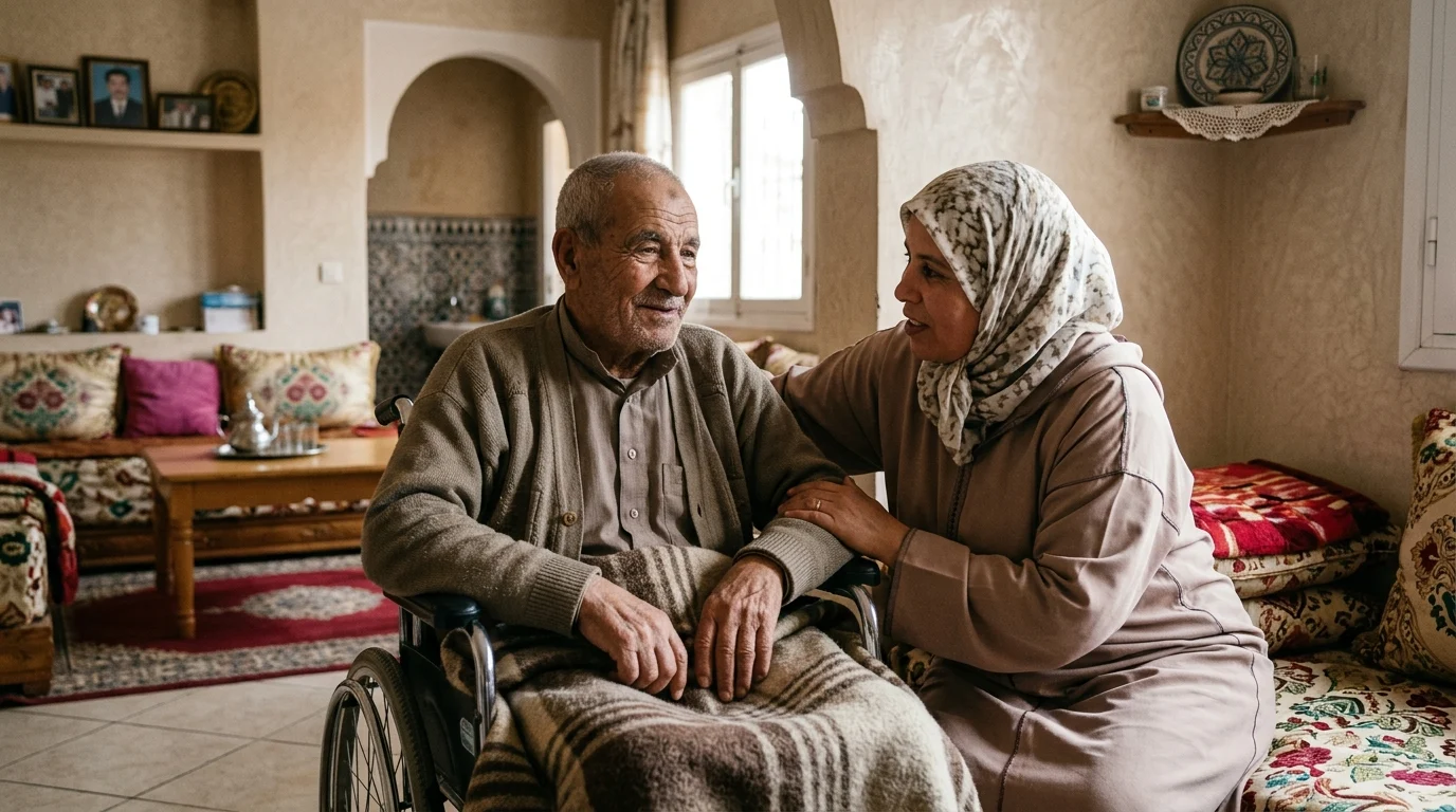 Un homme âgé assis dans un fauteuil roulant, souriant avec une aide à domicile à Agadir, représentant le service de fauteuil roulant Agadir domicile.