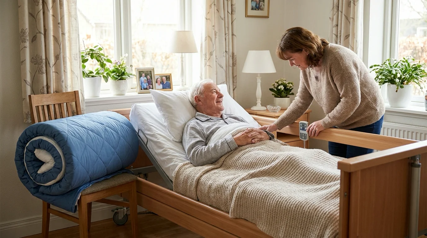 Un patient âgé est assis sur un lit médicalisé entouré de matériel médical et d'un matelas anti-escarres, symbolisant le confort à domicile. Lit médicalisé ou matelas anti-escarres.