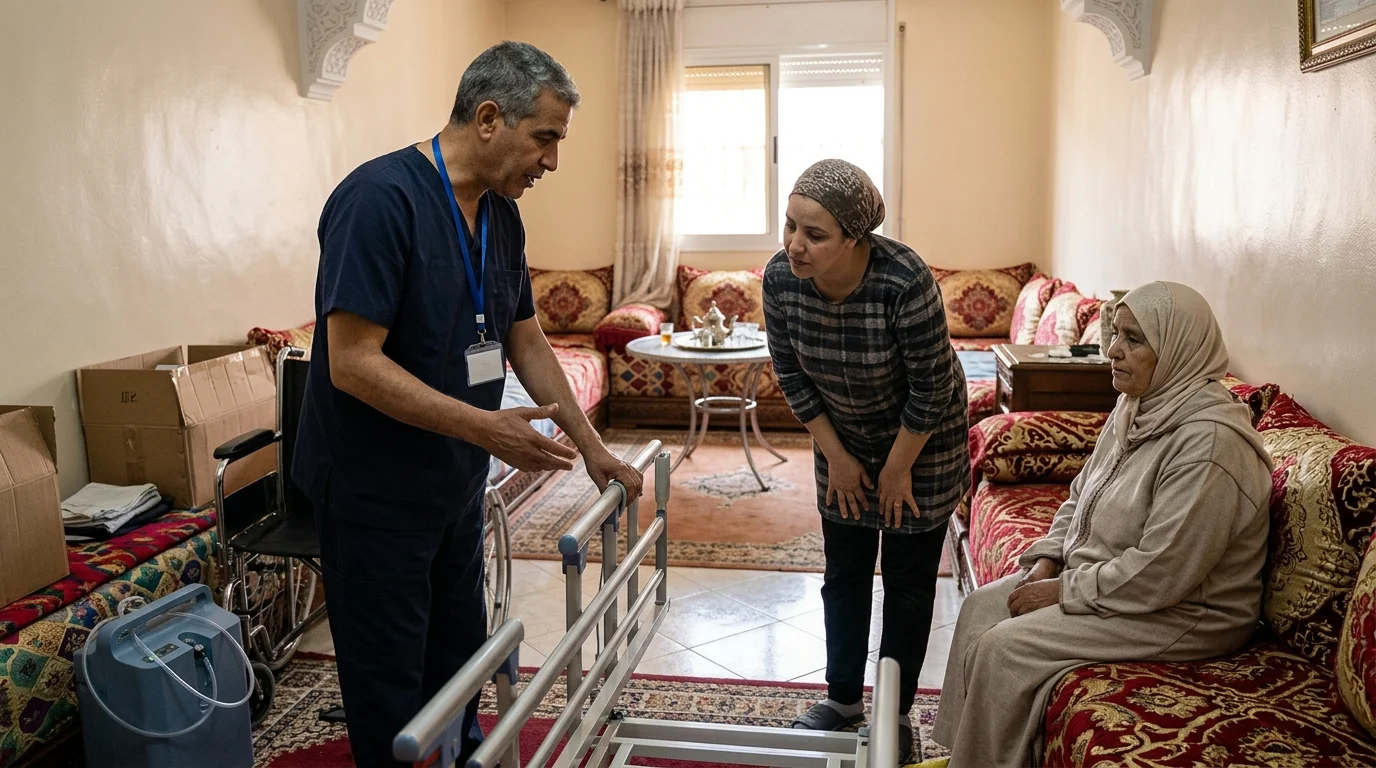 Livraison et installation de matériel médical à domicile à Casablanca, avec un professionnel et une famille interagissant dans un environnement chaleureux. — livraison et installation matériel médical Casablanca