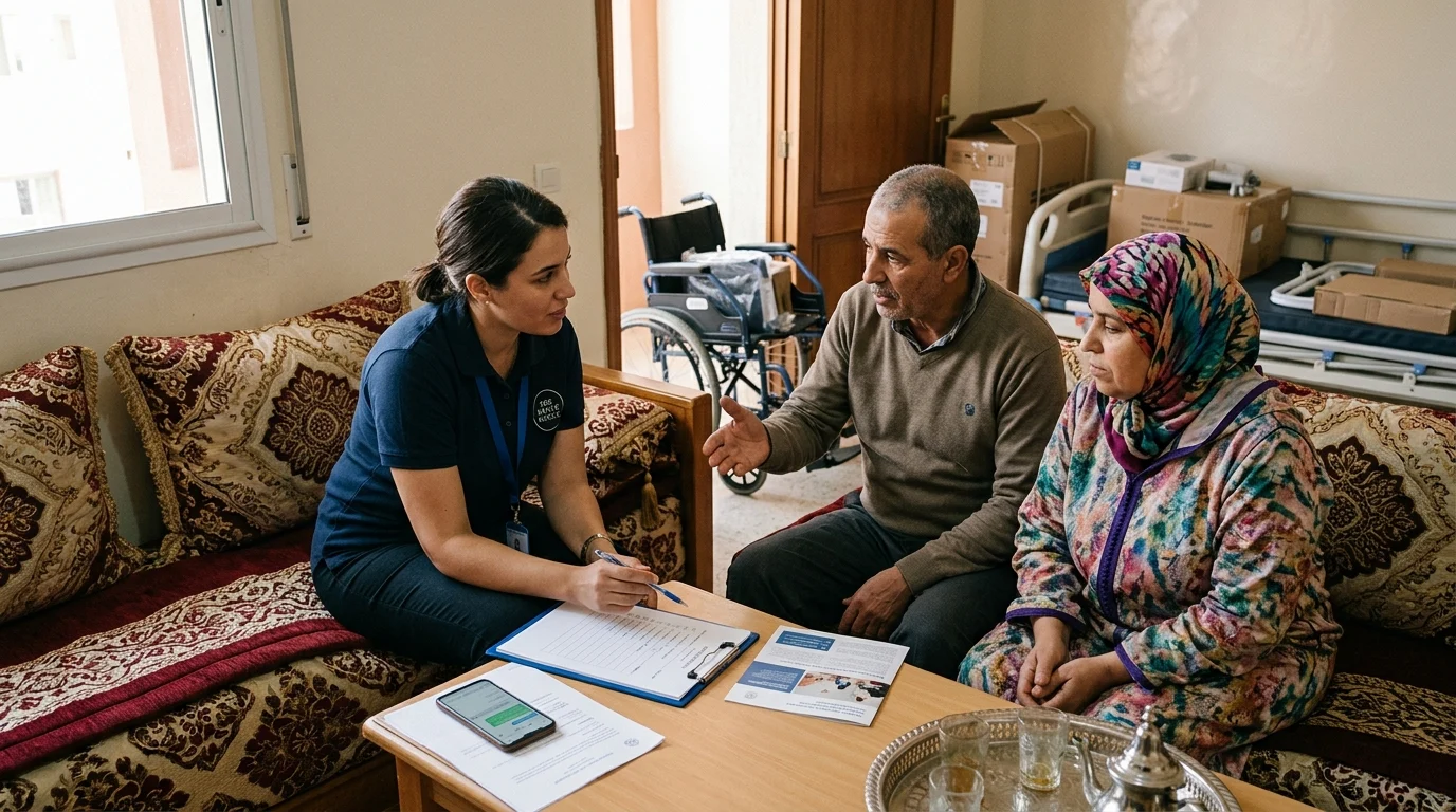 livraison et installation matériel médical Casablanca. Un représentant de SOS Santé coordonne la livraison d'équipements.