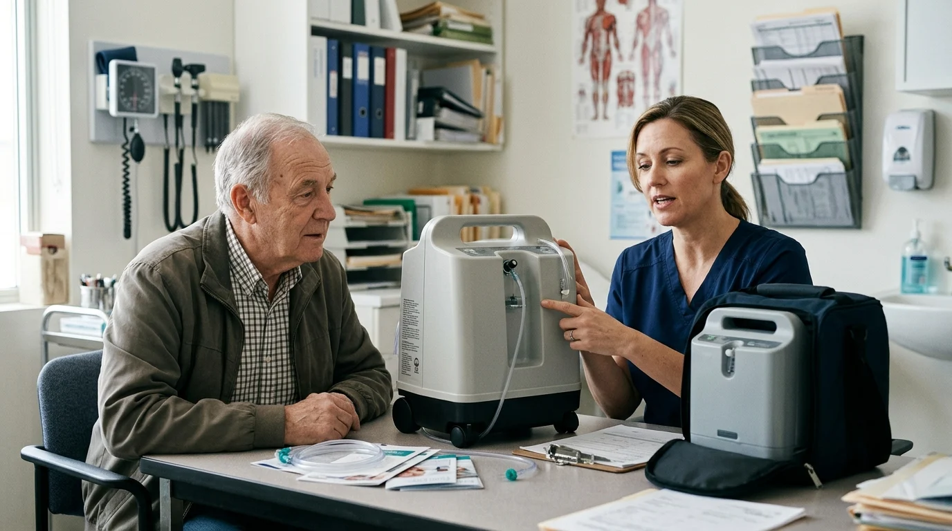 location concentrateurs oxygène Agadir confort. Comparaison de modèles de concentrateurs d’oxygène dans une consultation.