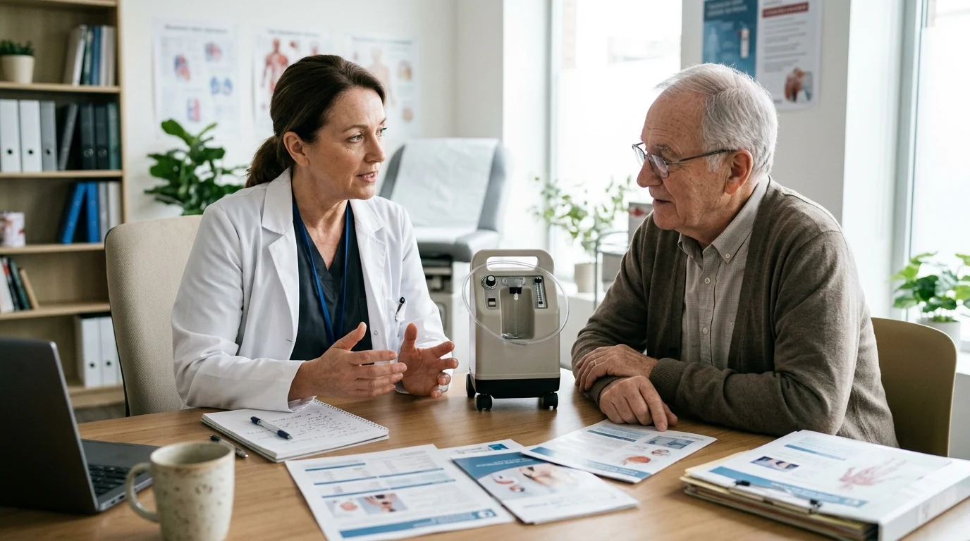 location concentrateurs oxygène Agadir confort. Un professionnel de santé informe un patient sur des concentrateurs d’oxygène.