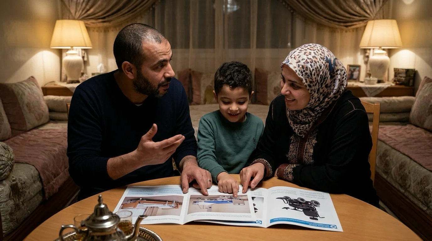 Une famille au Maroc discutant des options pour louer ou acheter du matériel médical adapté à leurs besoins, illustrant le service de SOS Santé Maroc. — louer ou acheter matériel médical