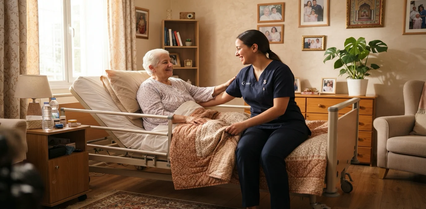 Louer lit médicalisé Casablanca guide, une chambre avec un lit médicalisé installé pour le confort d'un patient, une aide-soignante souriante au chevet d'un patient âgé.