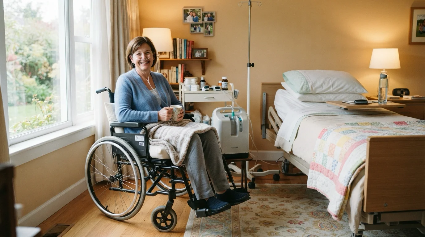 Matériel médical après une opération : un patient en convalescence dans un fauteuil roulant à domicile avec des équipements médicaux essentiels.