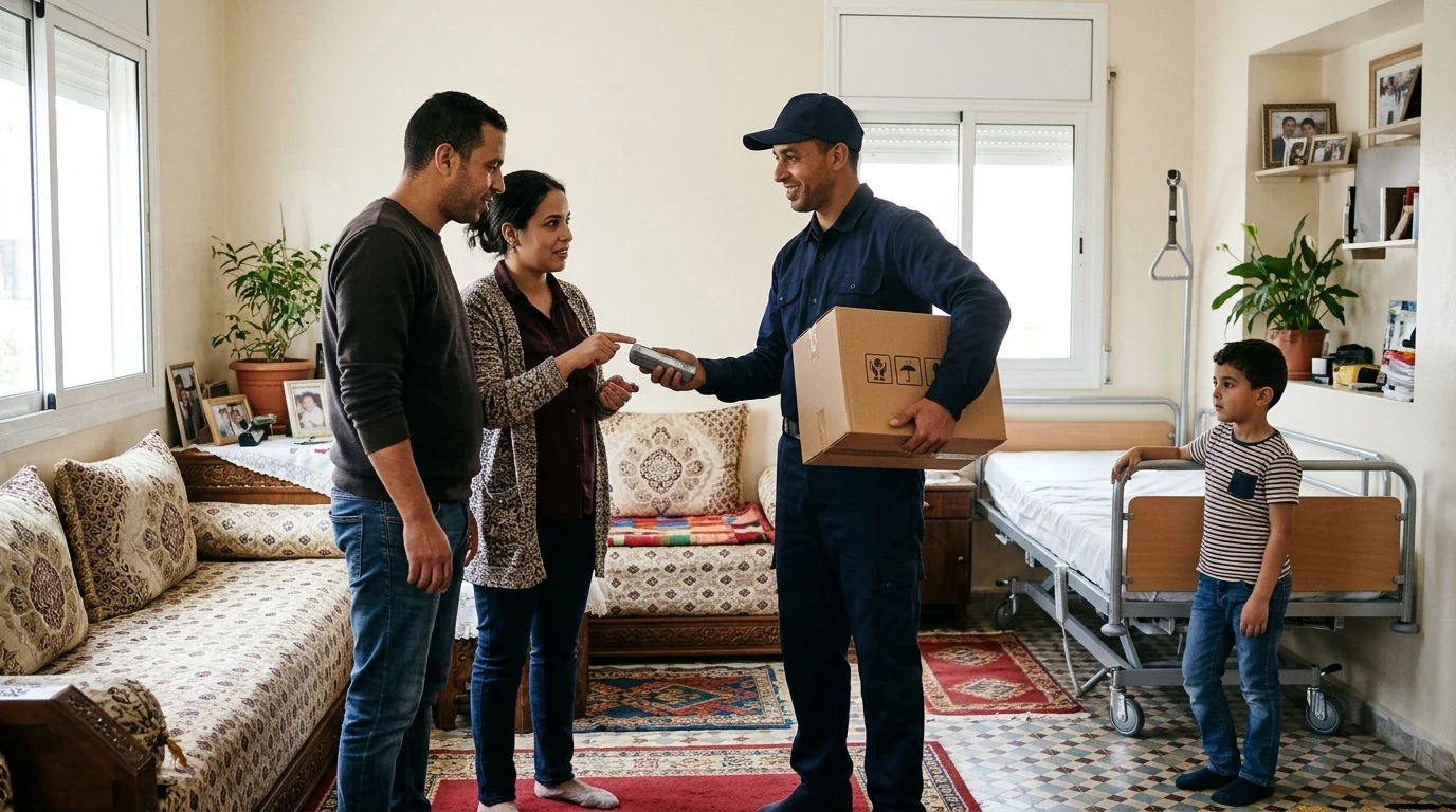 Une famille à Casablanca s'organise pour la livraison de matériel médical avec SOS Santé Maroc, mettant en avant le matériel médical à domicile pour les familles. — matériel médical Casablanca familles