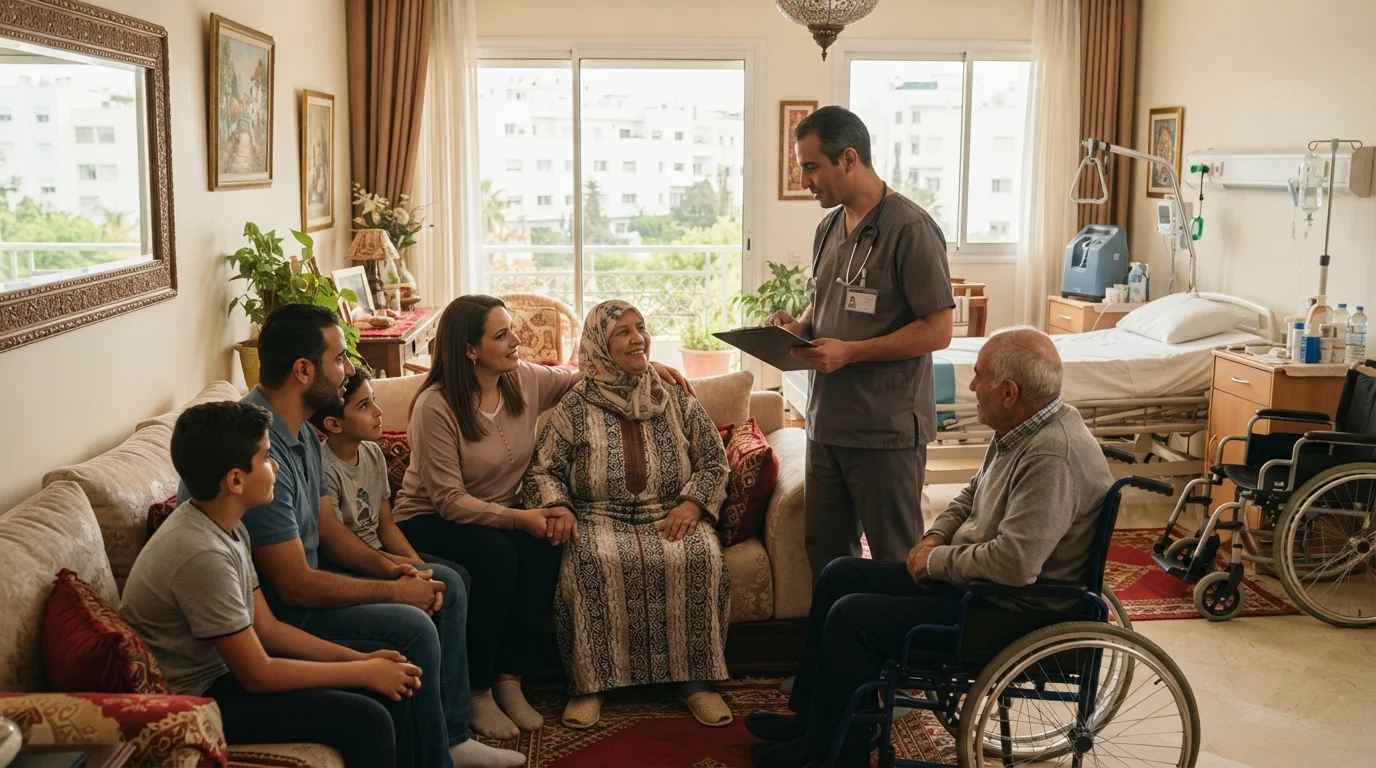 Une famille aidant une personne âgée à domicile à Casablanca, illustrant comment organiser les soins à domicile Casablanca. — organiser soins à domicile Casablanca