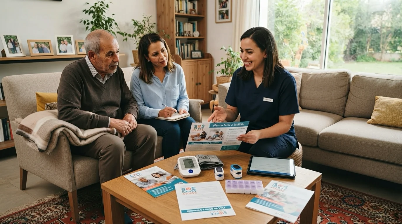 Préparer soins à domicile famille, une équipe SOS Santé aidant une famille.