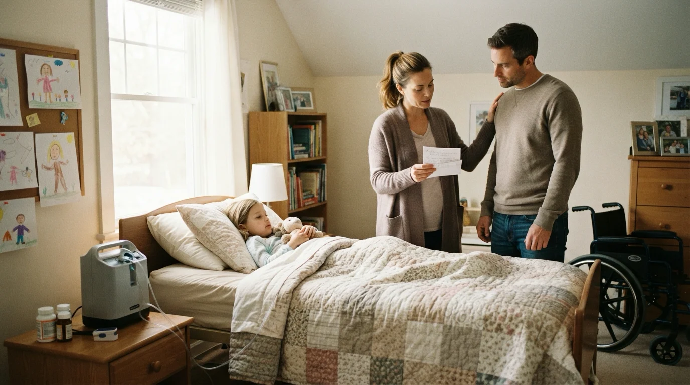 Préparer soins à domicile famille : une femme et un homme aident un enfant malade dans un cadre familial chaleureux.