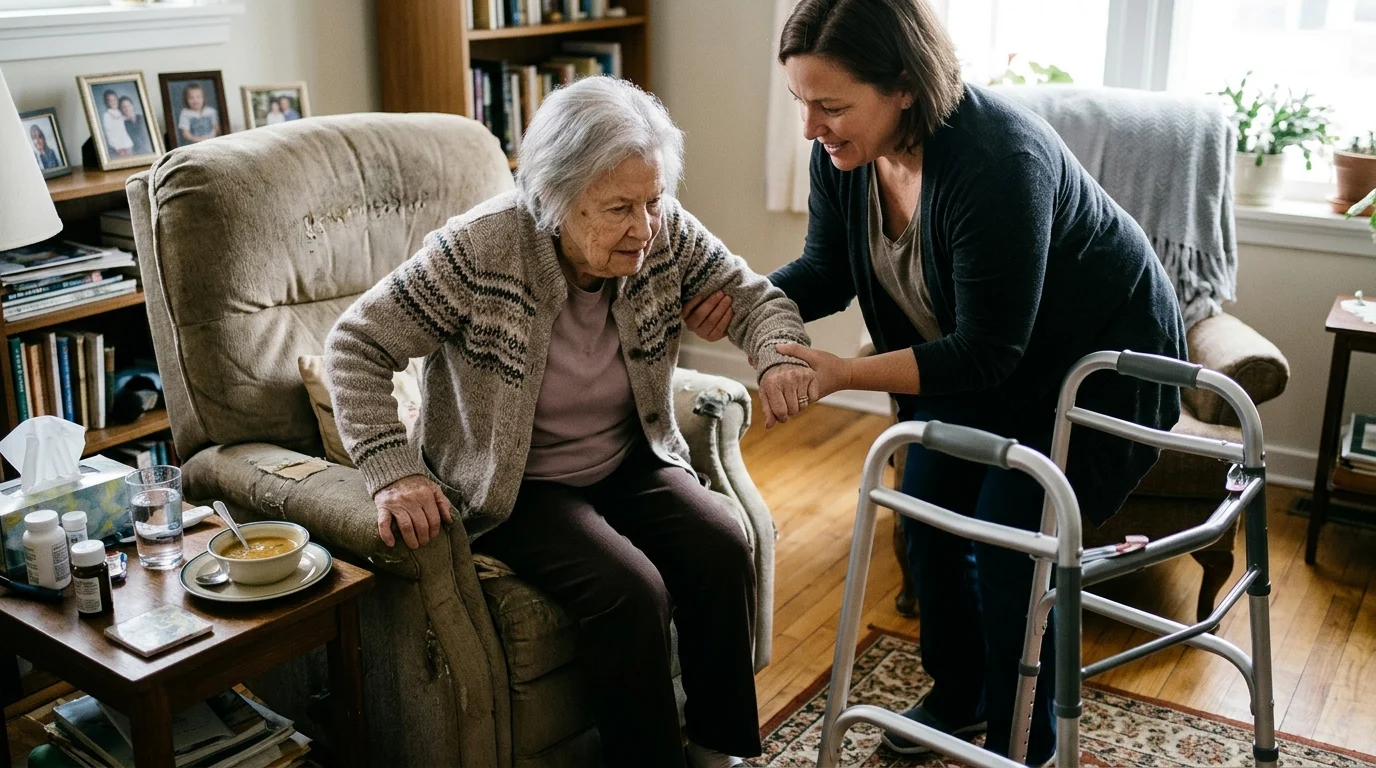 Photo : Un parent âgé rencontre des difficultés dans les gestes du quotidien : repas, habillage, déplacements et accompagnement aux toilettes. (Quand faire appel à un garde-malade à domicile ?)