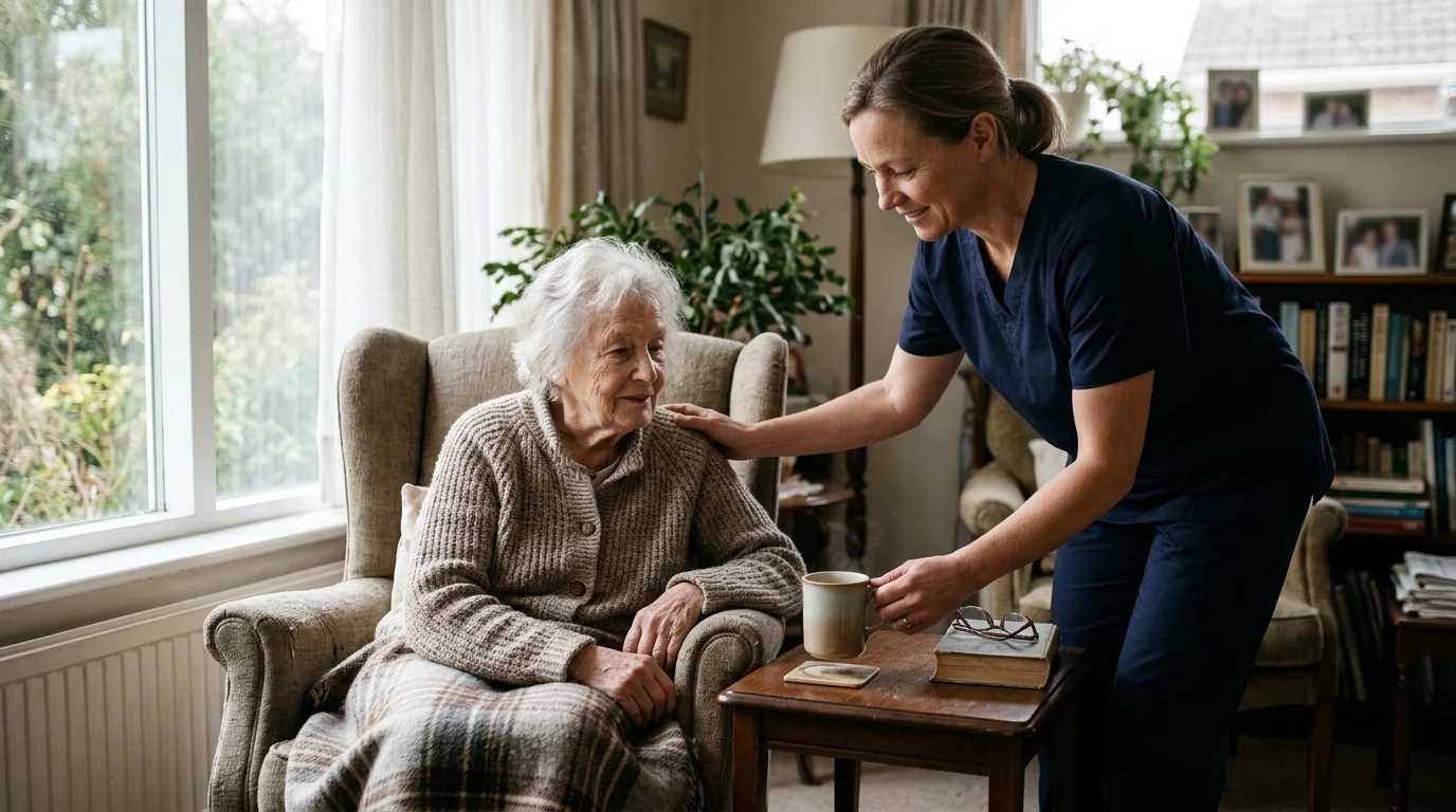 Photo : Le rôle d’une garde-malade : présence rassurante, assistance quotidienne et transmission des observations utiles à la famille dans le cadre convenu. (Quand faire appel à un garde-malade à domicile ?)