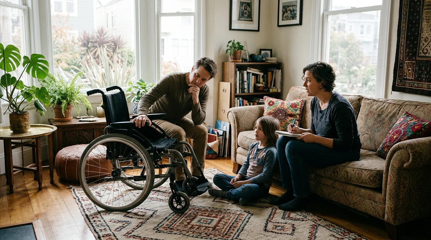 Quand louer un fauteuil roulant à Casablanca ? Une famille discute autour d'un fauteuil roulant dans leur salon, mettant en avant la convivialité et la coordination locale de SOS Santé Maroc.