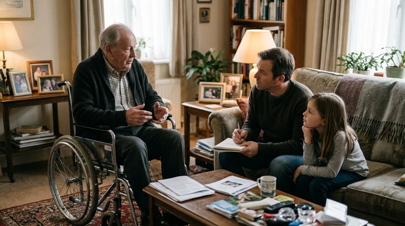 Types de fauteuils roulants domicile avec une famille en train de discuter des options de fauteuils à la maison.